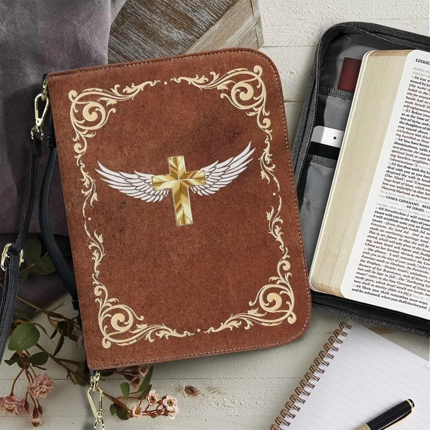 Talayituse Cross Floral Angel Wings Print Bible Cover for Women Men with Shoulder Strap PU Leather Makeup Organizer Expand Brief Case Journal Case Christian Purses Handbags with Handle, 2XL