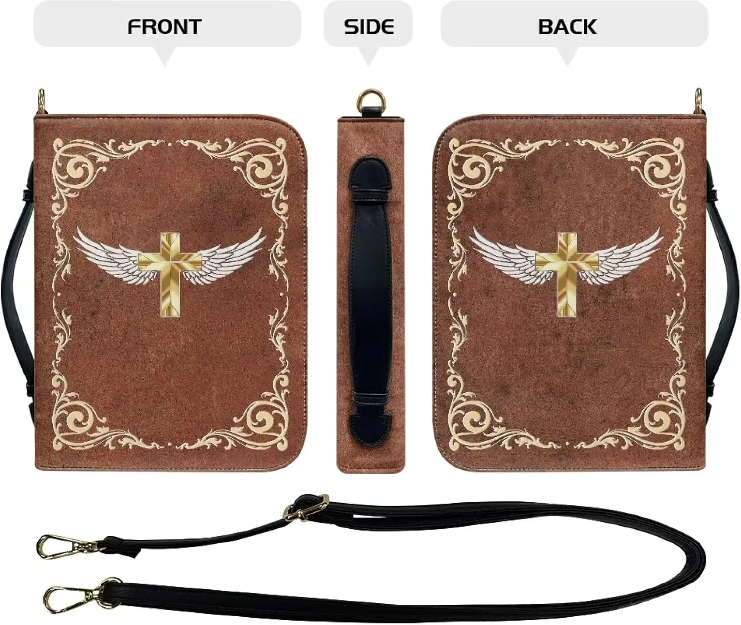Talayituse Cross Floral Angel Wings Print Bible Cover for Women Men with Shoulder Strap PU Leather Makeup Organizer Expand Brief Case Journal Case Christian Purses Handbags with Handle, 2XL