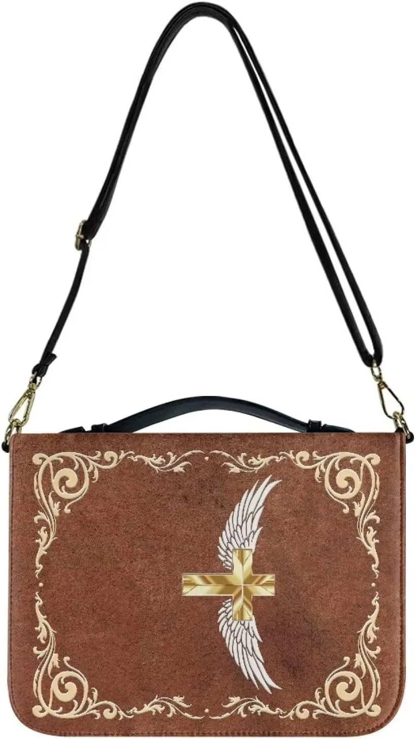 Talayituse Cross Floral Angel Wings Print Bible Cover for Women Men with Shoulder Strap PU Leather Makeup Organizer Expand Brief Case Journal Case Christian Purses Handbags with Handle, XL
