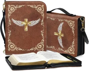 Talayituse Cross Floral Angel Wings Print Bible Cover for Women Men with Shoulder Strap PU Leather Makeup Organizer Expand Brief Case Journal Case Christian Purses Handbags with Handle, XL