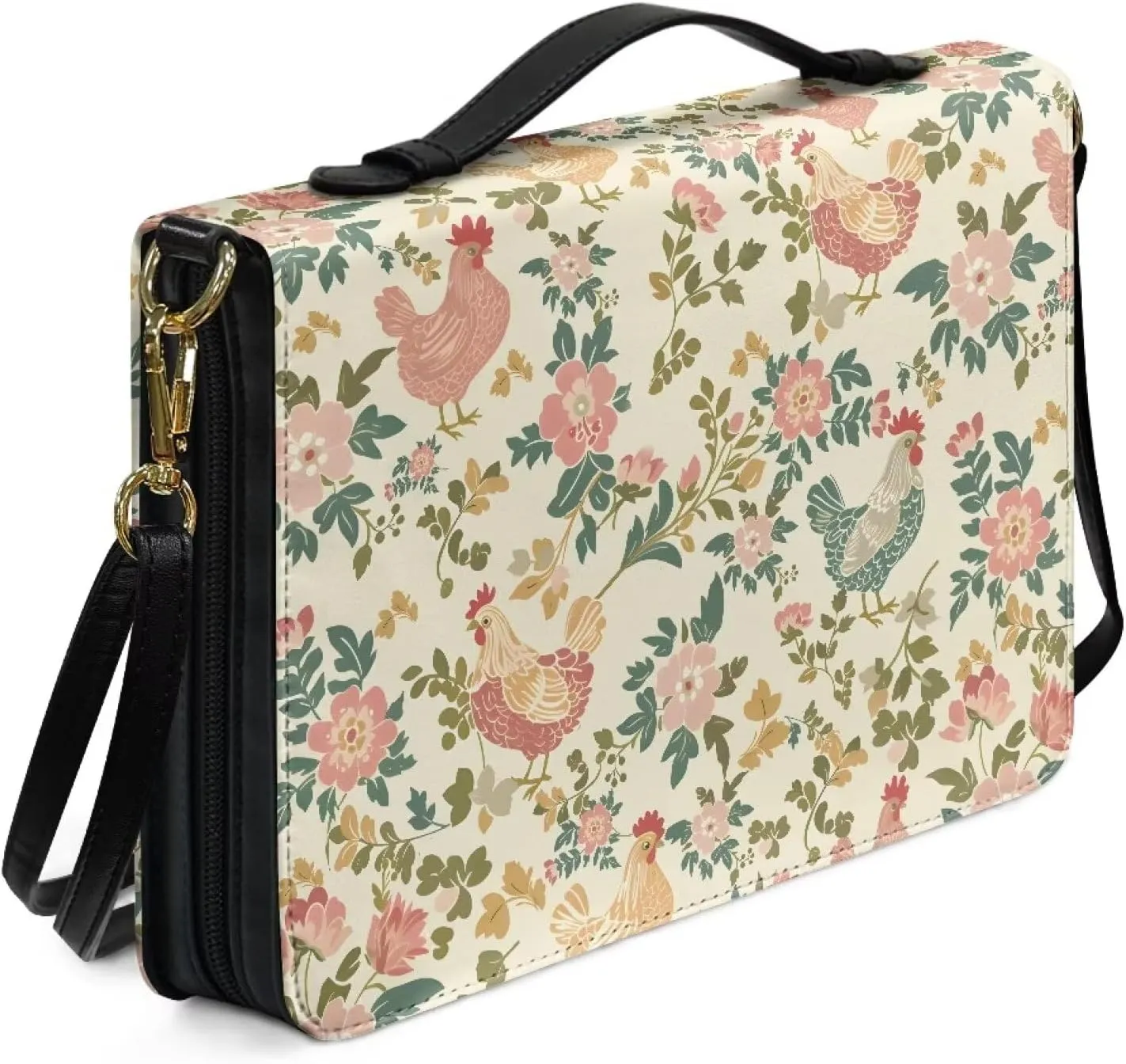 Talayituse Rooster Chicken Flower Pattern Bible Cover for Women Men PU Leather Bible Case Large Bible Bag with Handle, Multifunctional Zipper Bible Book Cover Carrying Case with Shoulder Strap, L