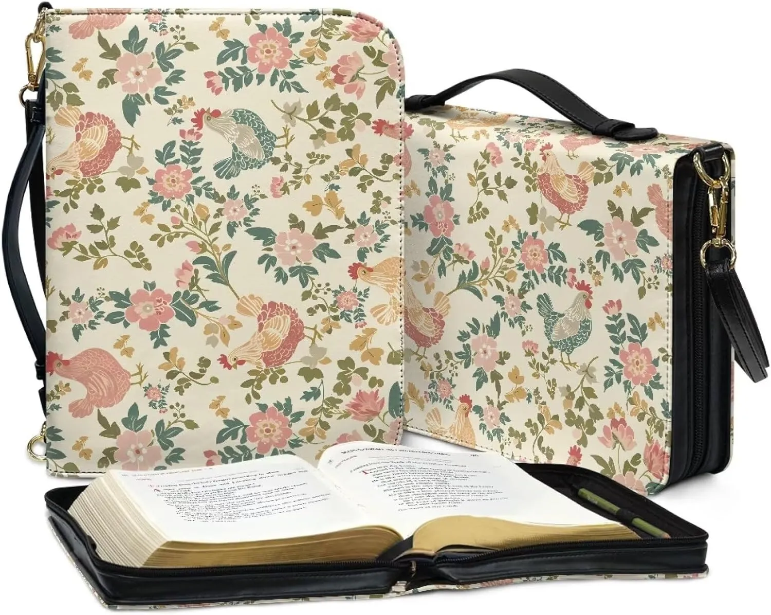 Talayituse Rooster Chicken Flower Pattern Bible Cover for Women Men PU Leather Bible Case Large Bible Bag with Handle, Multifunctional Zipper Bible Book Cover Carrying Case with Shoulder Strap, L