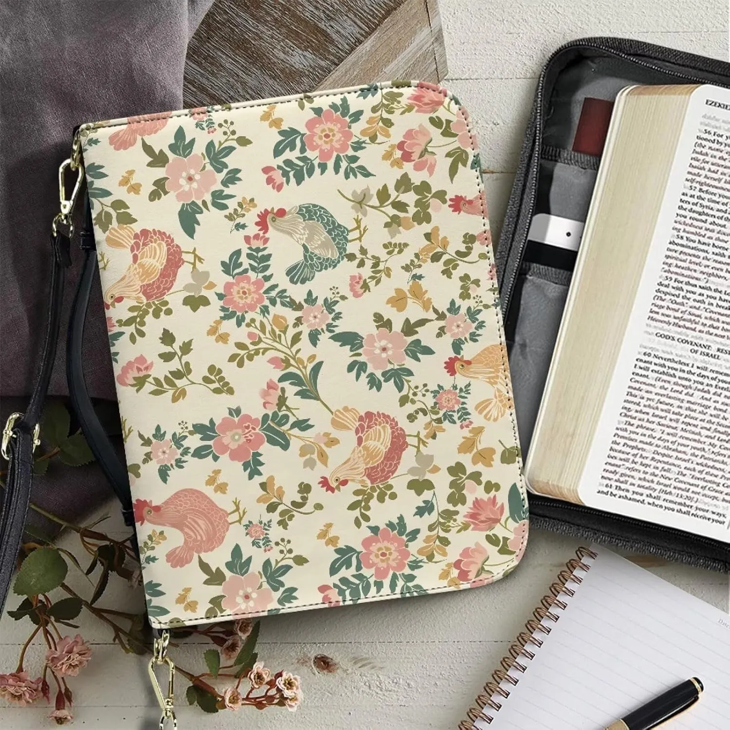Talayituse Rooster Chicken Flower Pattern Bible Cover for Women Men PU Leather Bible Case Large Bible Bag with Handle, Multifunctional Zipper Bible Book Cover Carrying Case with Shoulder Strap, L