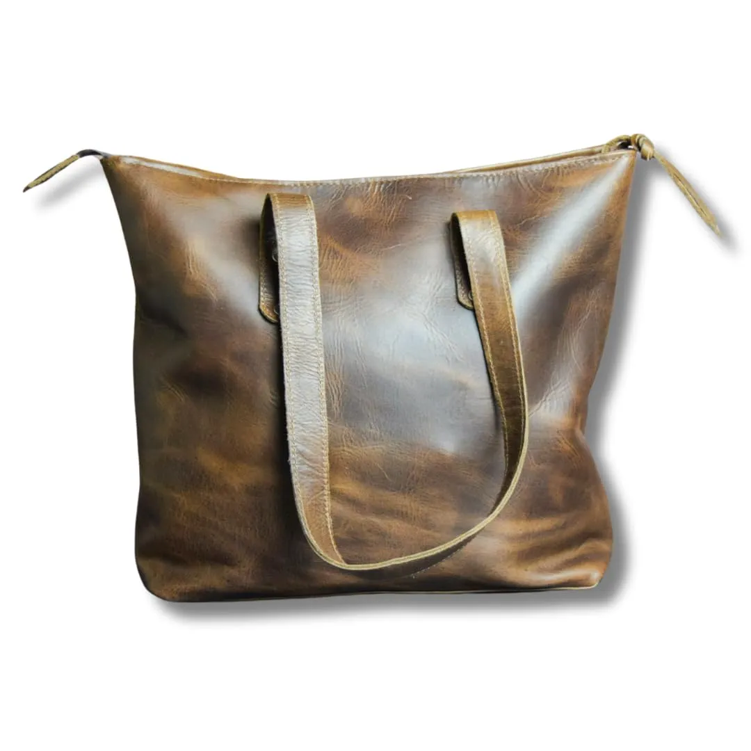 Tall Brown Leather Tote Bag/Zippered Purse - Handcrafted Full Grain Leather