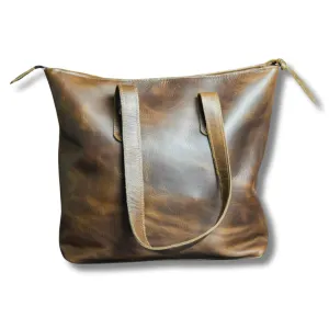 Tall Brown Leather Tote Bag/Zippered Purse - Handcrafted Full Grain Leather