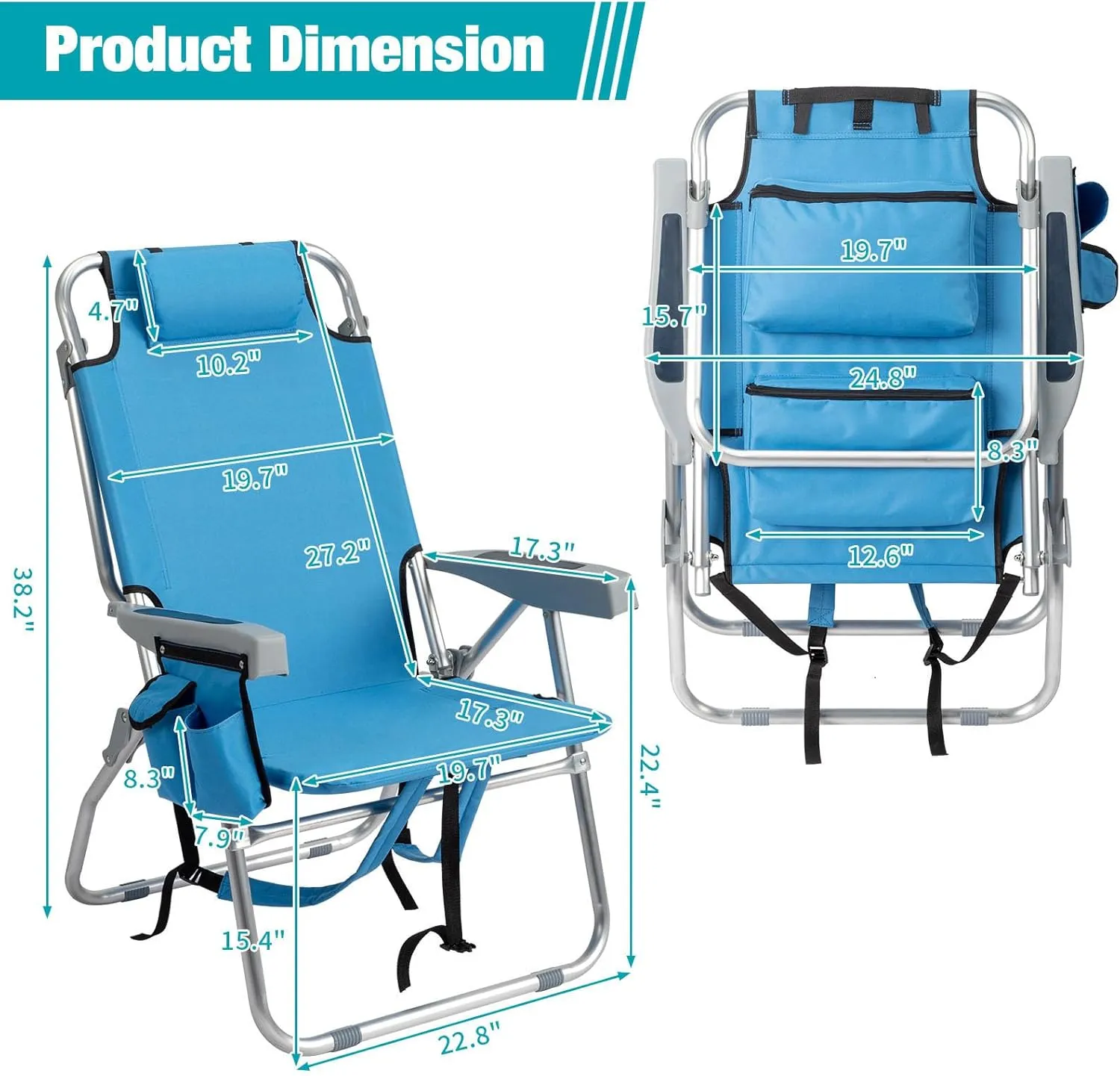 Tall Folding Backpack Beach Chair with Towel Bar,5 Adjustable Positions,Towel bar, Cooler and Storage Pouch, Cup Holder and Phone Holder,Camping Chairs for Adults,Aluminum,Supports 220 lbs, Blue