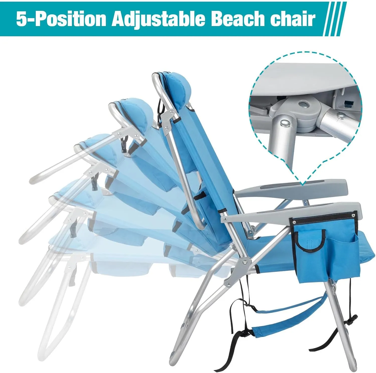 Tall Folding Backpack Beach Chair with Towel Bar,5 Adjustable Positions,Towel bar, Cooler and Storage Pouch, Cup Holder and Phone Holder,Camping Chairs for Adults,Aluminum,Supports 220 lbs, Blue