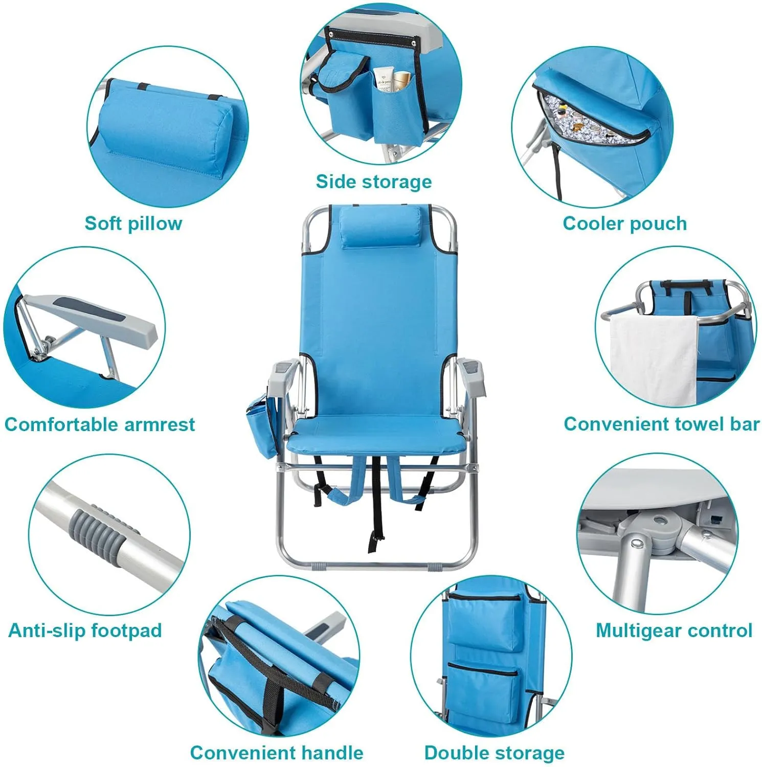 Tall Folding Backpack Beach Chair with Towel Bar,5 Adjustable Positions,Towel bar, Cooler and Storage Pouch, Cup Holder and Phone Holder,Camping Chairs for Adults,Aluminum,Supports 220 lbs, Blue