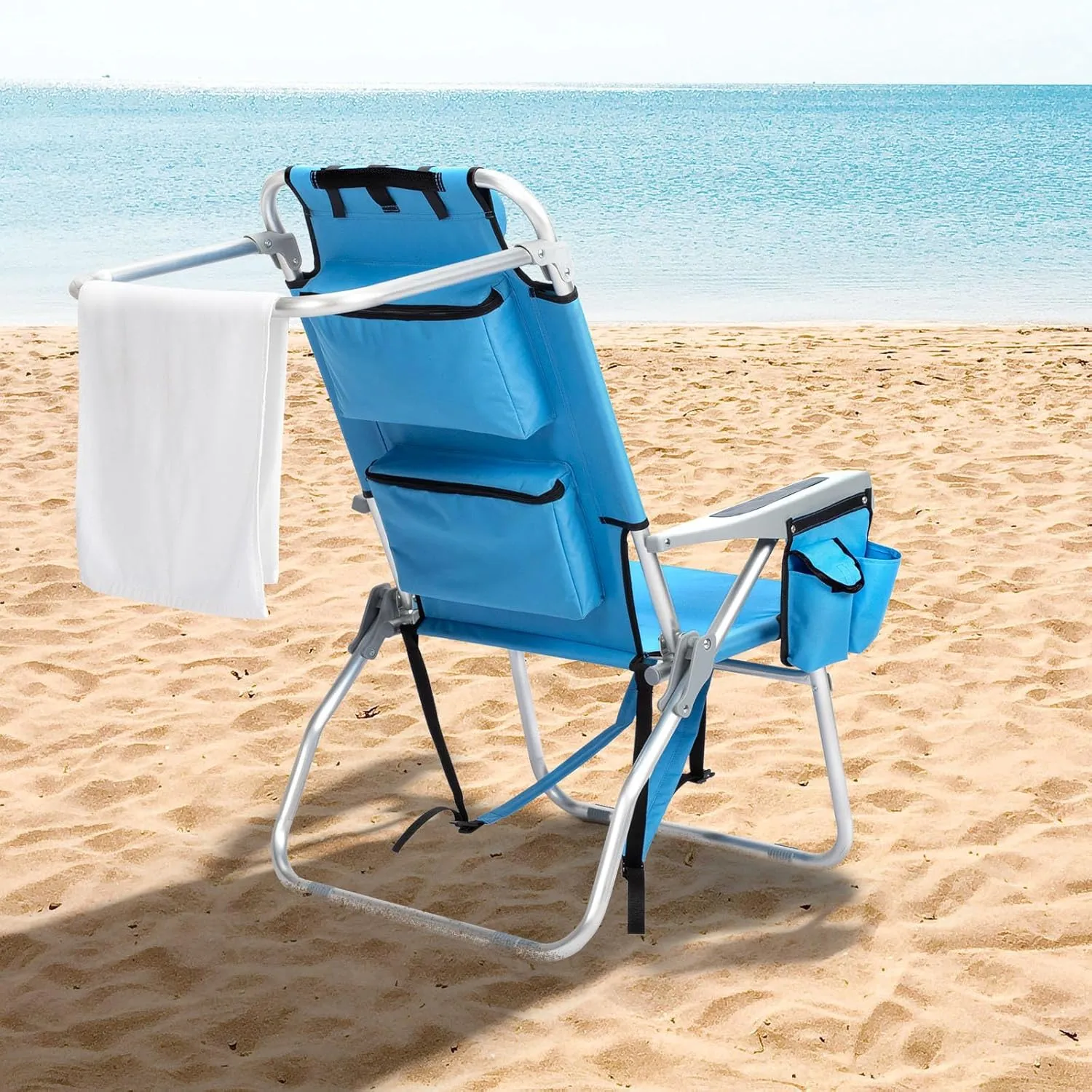 Tall Folding Backpack Beach Chair with Towel Bar,5 Adjustable Positions,Towel bar, Cooler and Storage Pouch, Cup Holder and Phone Holder,Camping Chairs for Adults,Aluminum,Supports 220 lbs, Blue