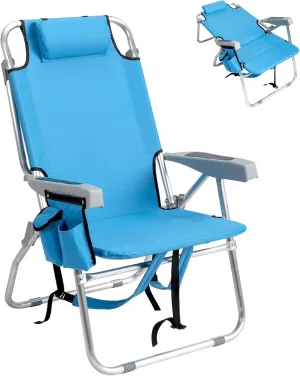 Tall Folding Backpack Beach Chair with Towel Bar,5 Adjustable Positions,Towel bar, Cooler and Storage Pouch, Cup Holder and Phone Holder,Camping Chairs for Adults,Aluminum,Supports 220 lbs, Blue