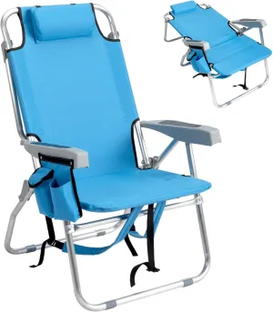 Tall Folding Backpack Beach Chair with Towel Bar,5 Adjustable Positions,Towel bar, Cooler and Storage Pouch, Cup Holder and Phone Holder,Camping Chairs for Adults,Aluminum,Supports 220 lbs, Blue