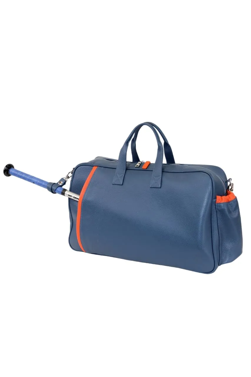 Tennis Leather Duffle Bag Racket Holder Equipment Sports Bag | Handmade to Order in Italy | Tennis Pickleball Paddles Badminton Squash Soft Pebble-Grain Waterproof Leather (Air Force Blue/Orange)