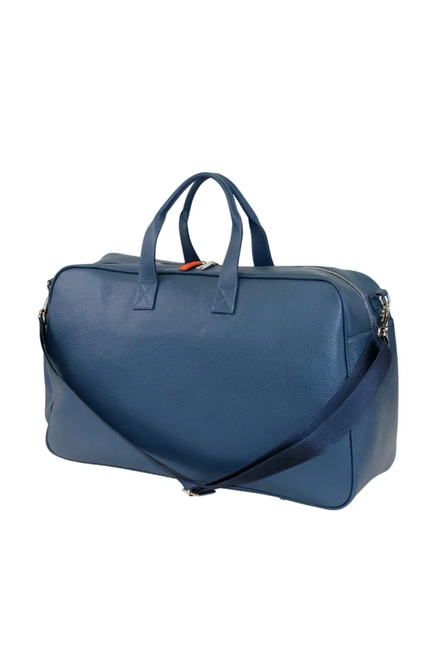 Tennis Leather Duffle Bag Racket Holder Equipment Sports Bag | Handmade to Order in Italy | Tennis Pickleball Paddles Badminton Squash Soft Pebble-Grain Waterproof Leather (Air Force Blue/Orange)