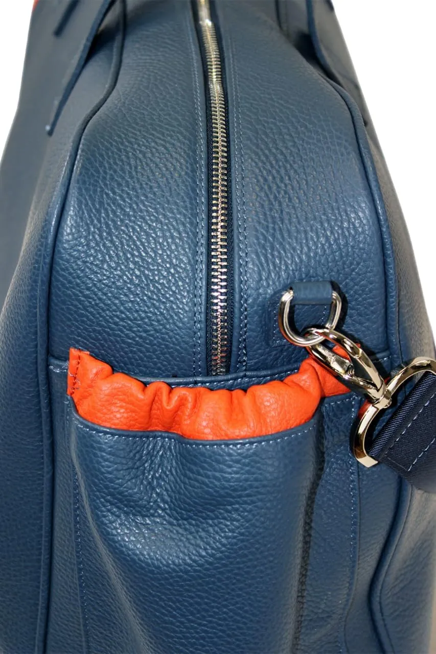 Tennis Leather Duffle Bag Racket Holder Equipment Sports Bag | Handmade to Order in Italy | Tennis Pickleball Paddles Badminton Squash Soft Pebble-Grain Waterproof Leather (Air Force Blue/Orange)