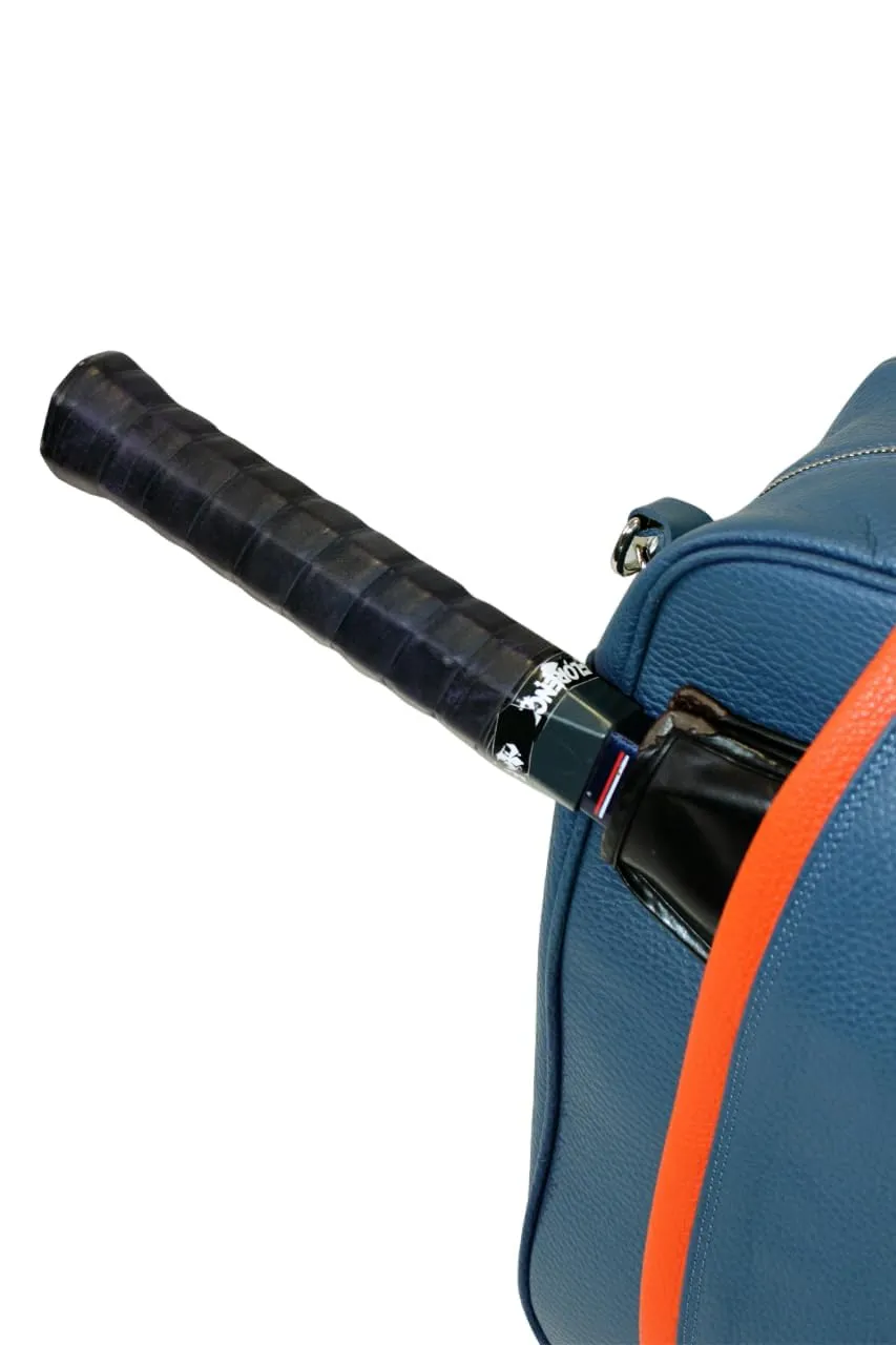 Tennis Leather Duffle Bag Racket Holder Equipment Sports Bag | Handmade to Order in Italy | Tennis Pickleball Paddles Badminton Squash Soft Pebble-Grain Waterproof Leather (Air Force Blue/Orange)