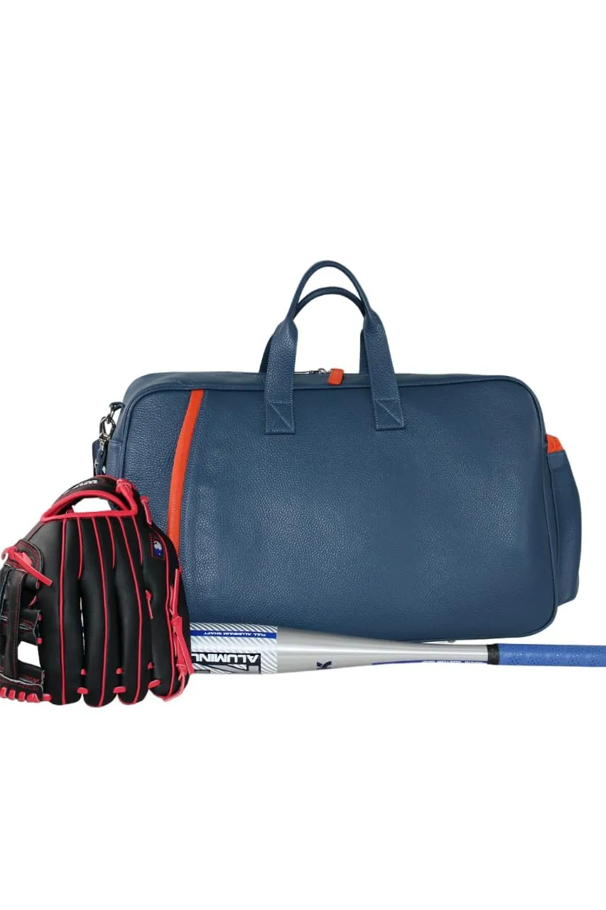 Tennis Leather Duffle Bag Racket Holder Equipment Sports Bag | Handmade to Order in Italy | Tennis Pickleball Paddles Badminton Squash Soft Pebble-Grain Waterproof Leather (Air Force Blue/Orange)