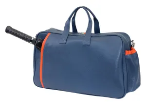 Tennis Leather Duffle Bag Racket Holder Equipment Sports Bag | Handmade to Order in Italy | Tennis Pickleball Paddles Badminton Squash Soft Pebble-Grain Waterproof Leather (Air Force Blue/Orange)