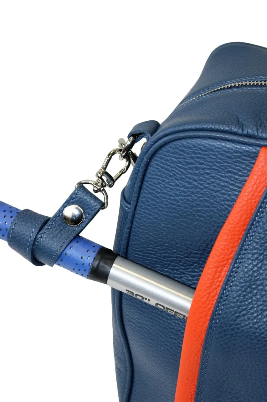 Tennis Leather Duffle Bag Racket Holder Equipment Sports Bag | Handmade to Order in Italy | Tennis Pickleball Paddles Badminton Squash Soft Pebble-Grain Waterproof Leather (Air Force Blue/Orange)