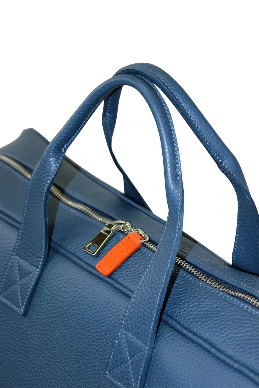 Tennis Leather Duffle Bag Racket Holder Equipment Sports Bag | Handmade to Order in Italy | Tennis Pickleball Paddles Badminton Squash Soft Pebble-Grain Waterproof Leather (Air Force Blue/Orange)