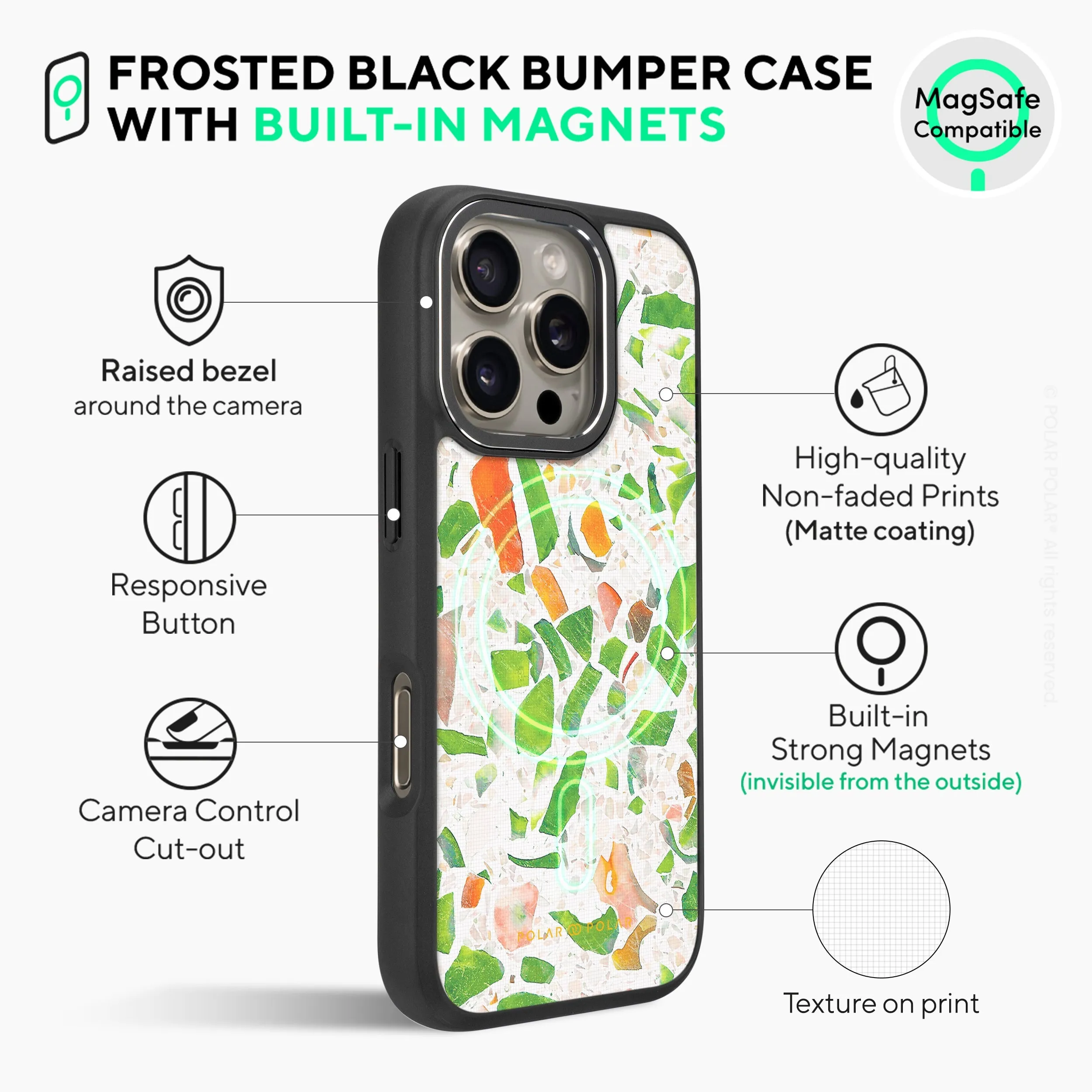 Terrazzo Green - iPhone 16 Pro Max Frosted Black Bumper MagSafe Case