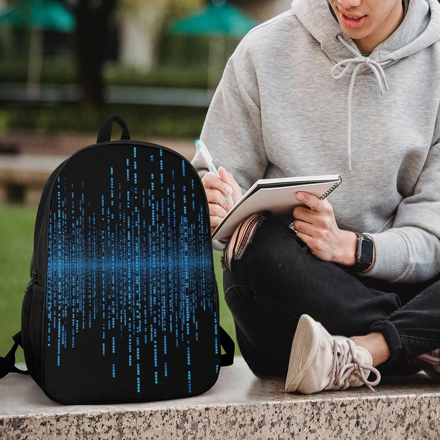 The Blue Binary Matrix Backpack, Laptop Backpack for Men, 17 Inch Travel Hiking Daypack, Casual Backpack
