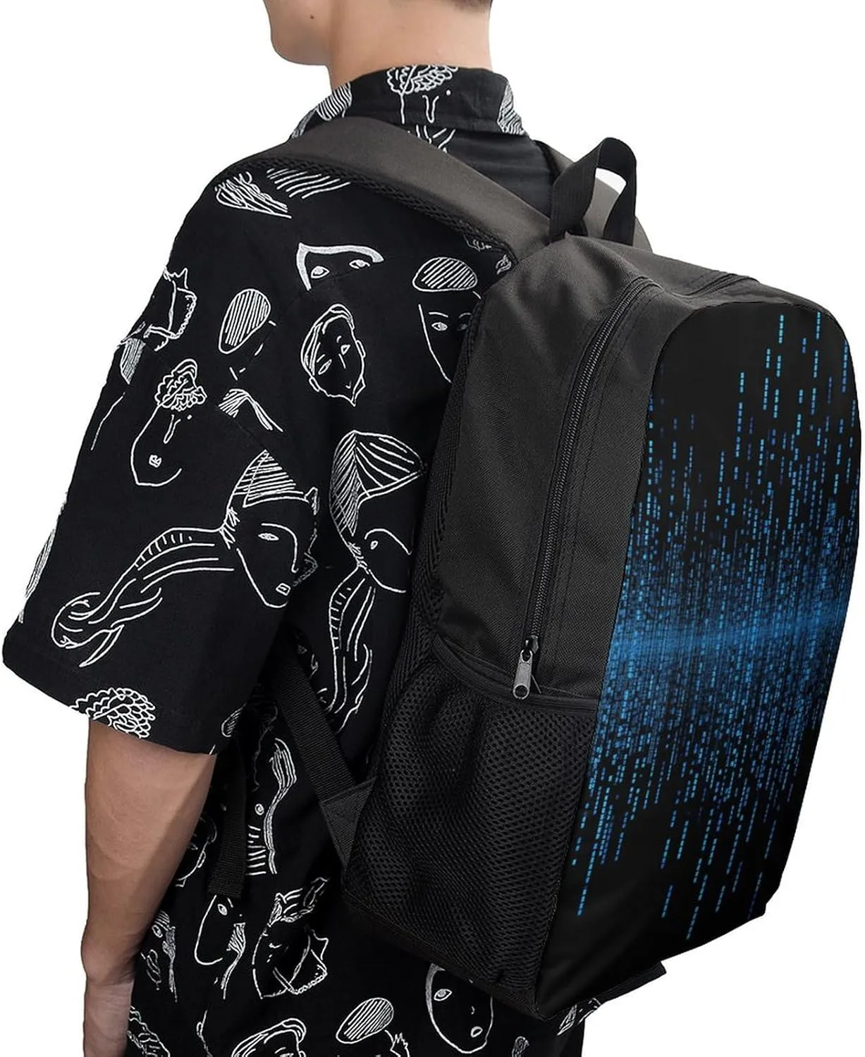 The Blue Binary Matrix Backpack, Laptop Backpack for Men, 17 Inch Travel Hiking Daypack, Casual Backpack