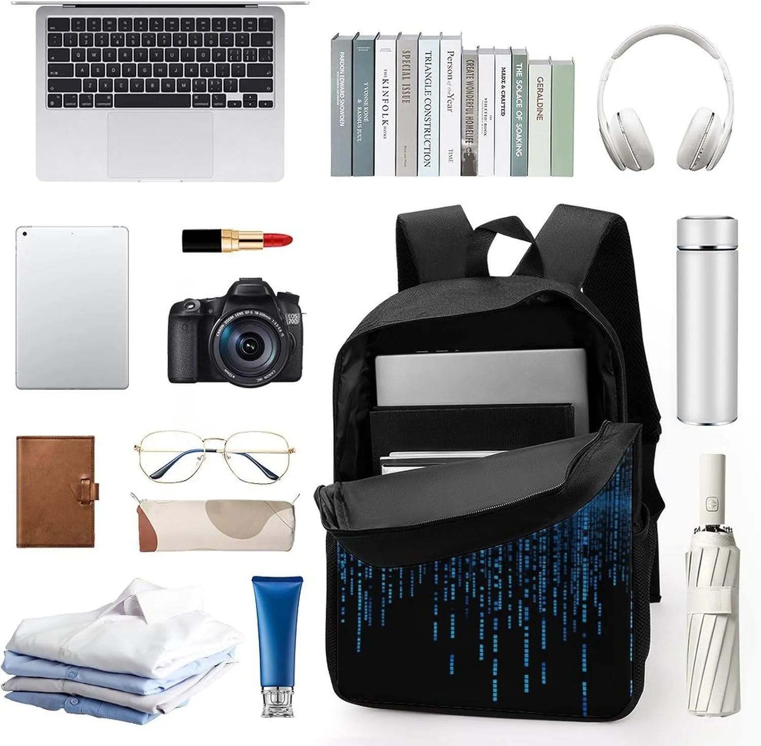 The Blue Binary Matrix Backpack, Laptop Backpack for Men, 17 Inch Travel Hiking Daypack, Casual Backpack