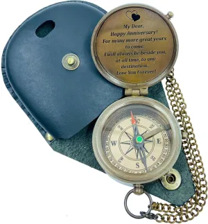 The Vintage Venue Brass Engraved Nautical Compass with Leather Case – Antique Portable Compass Gift for Birthday, Wedding, Anniversary, Christmas, Valentine’s, Hiking Use
