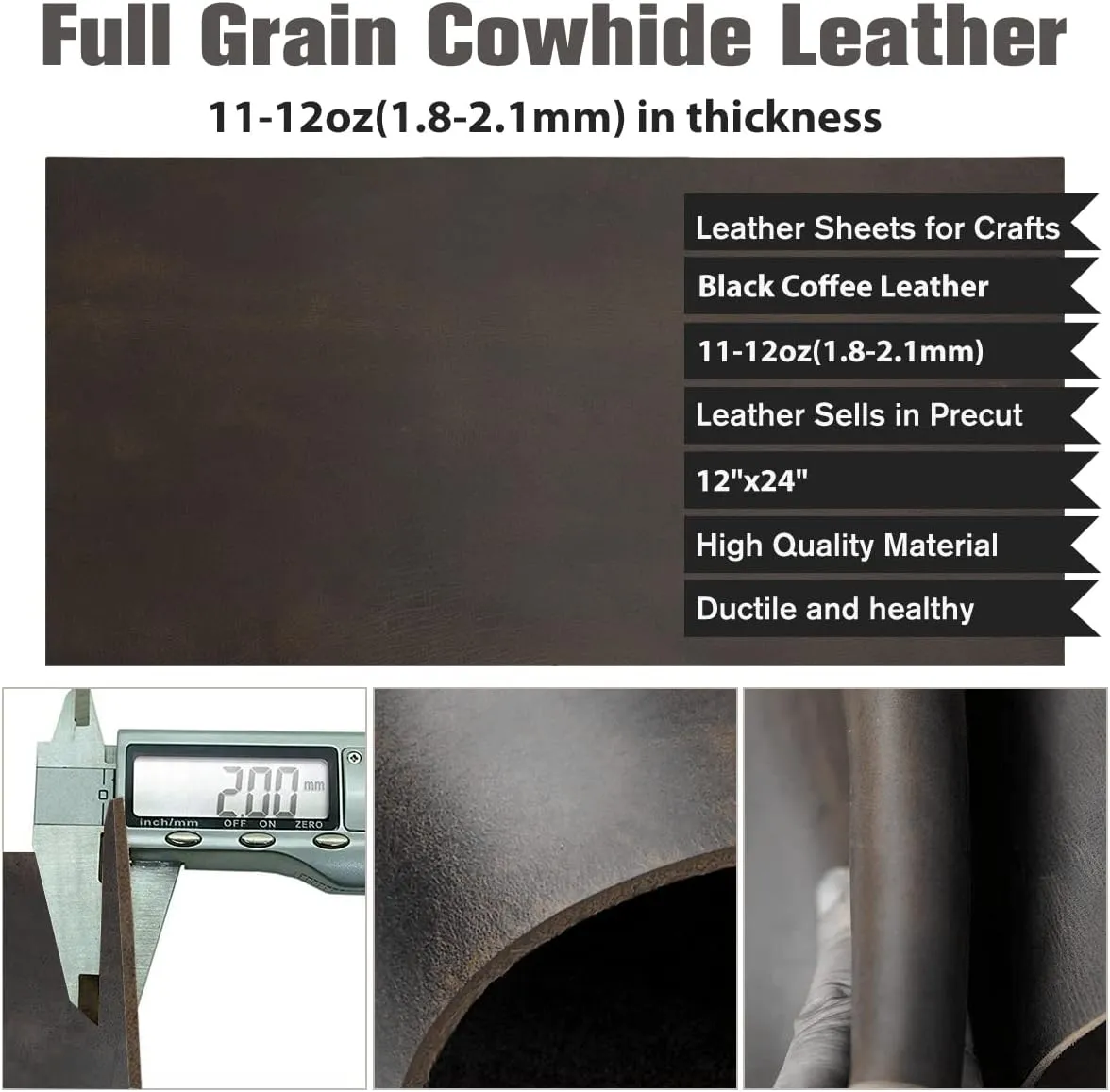 Thick Leather Sheets for Crafts Tooling Leather Square 1.8-2.1mm Full Grain Leather Pieces Genuine Cowhide Leather for Crafts Sewing Hobby Workshop Black Coffee, 12"x24"