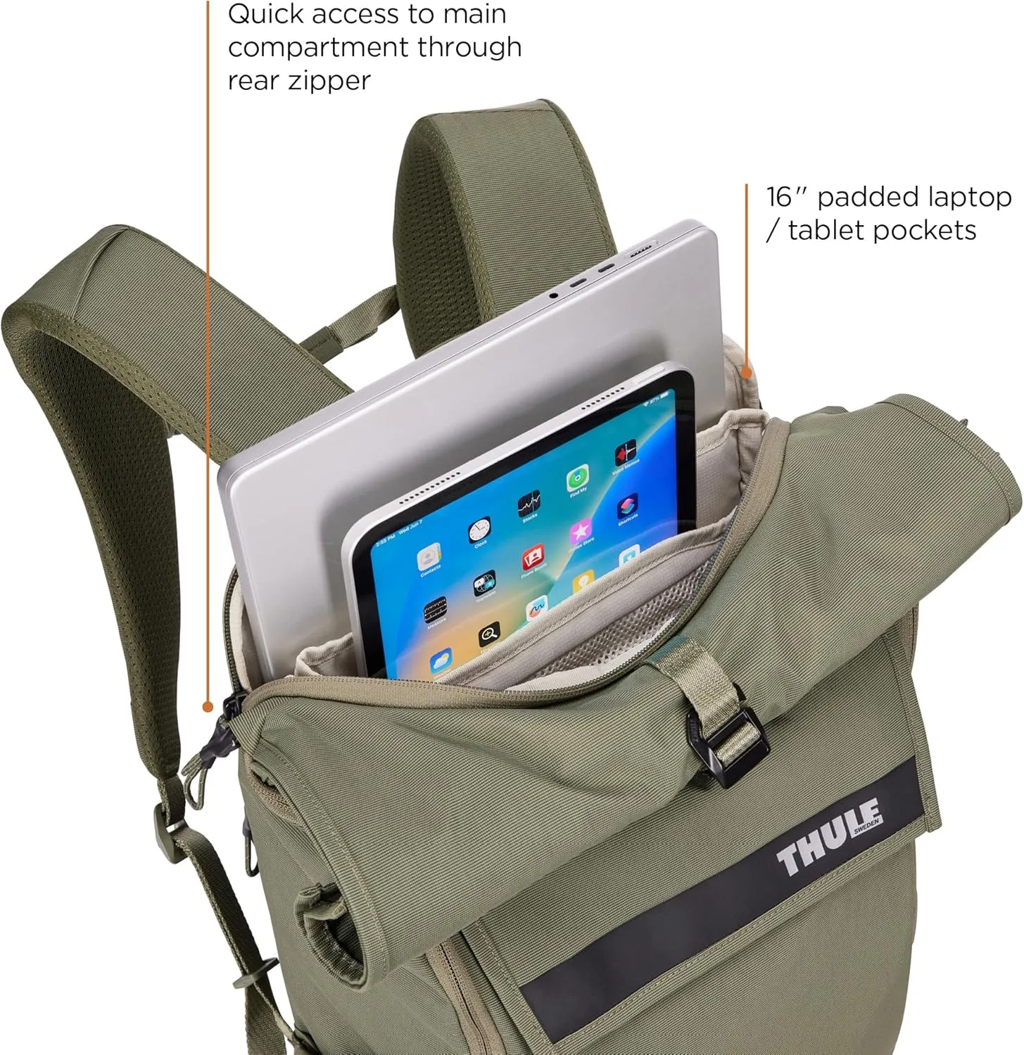 Thule Paramount 24L Backpack - Commuter Backpack with Padded Laptop Sleeve - Fits 16" laptops and 12" Tablets - Thoughtful Layout and Organization, Soft Green