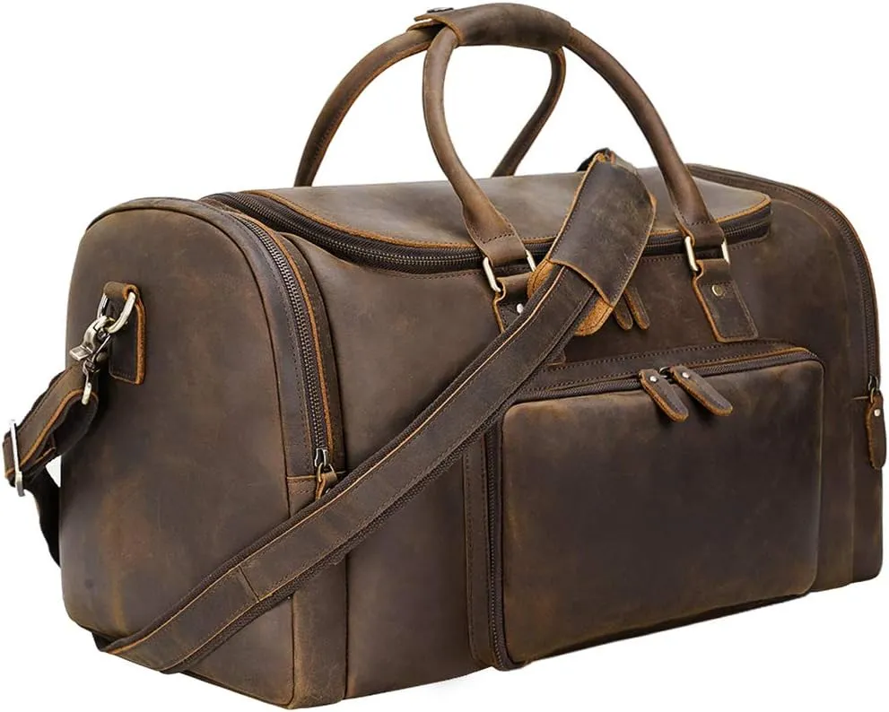 TIDING 23" Vintage Leather Travel Duffel Bags for Men Large Capacity Weekender Overnight Travel Bag