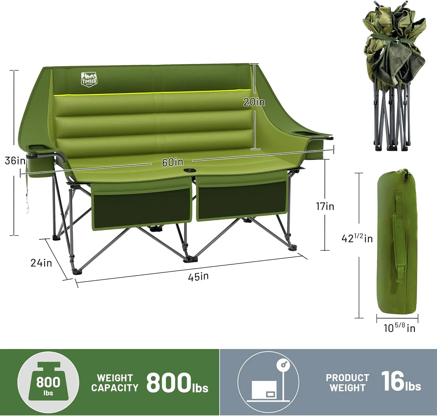 TIMBER RIDGE Double Camping Chair, Heavy Duty Outdoor Folding Camp Couch, Loveseat Camping Chairs Perfect for Campsites, Patio/Lawn, Soccer Games or Other Youth Sports, Supports 800 lbs