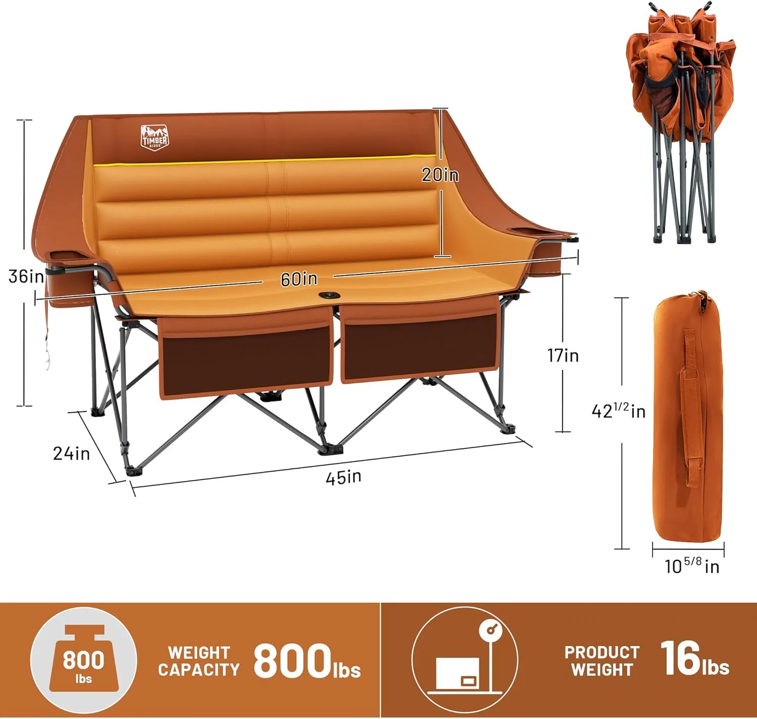 TIMBER RIDGE Double Camping Chair, Heavy Duty Outdoor Folding Camp Couch, Loveseat Camping Chairs Perfect for Campsites, Patio/Lawn, Soccer Games or Other Youth Sports, Supports 800 lbs