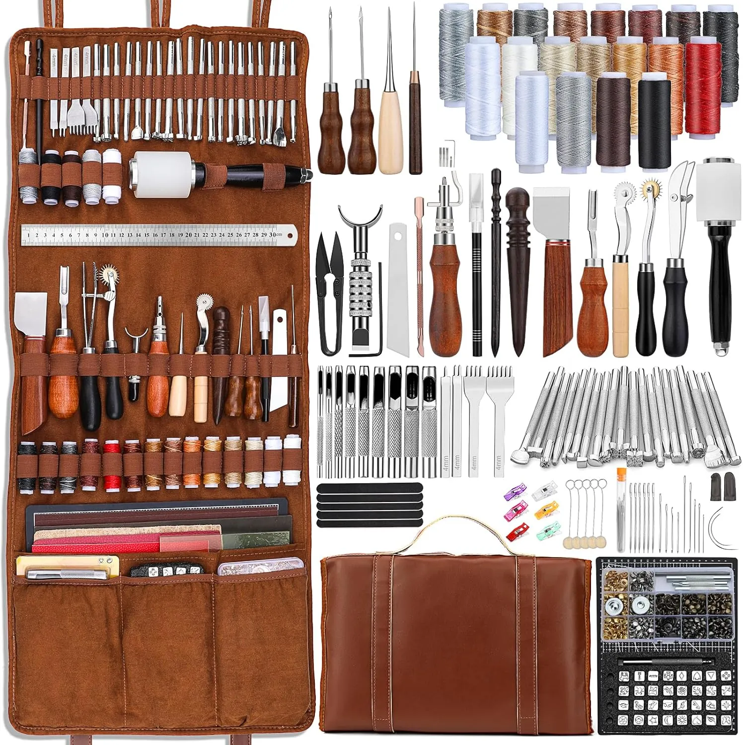 TLKKUE Leather Tooling Kit Leather Craft Tools Leather Working Kit with Custom Handbag Cutting Mats Engraving Punching Sewing Stamping Sanding Tools Leather Tools for Leather Working Professional