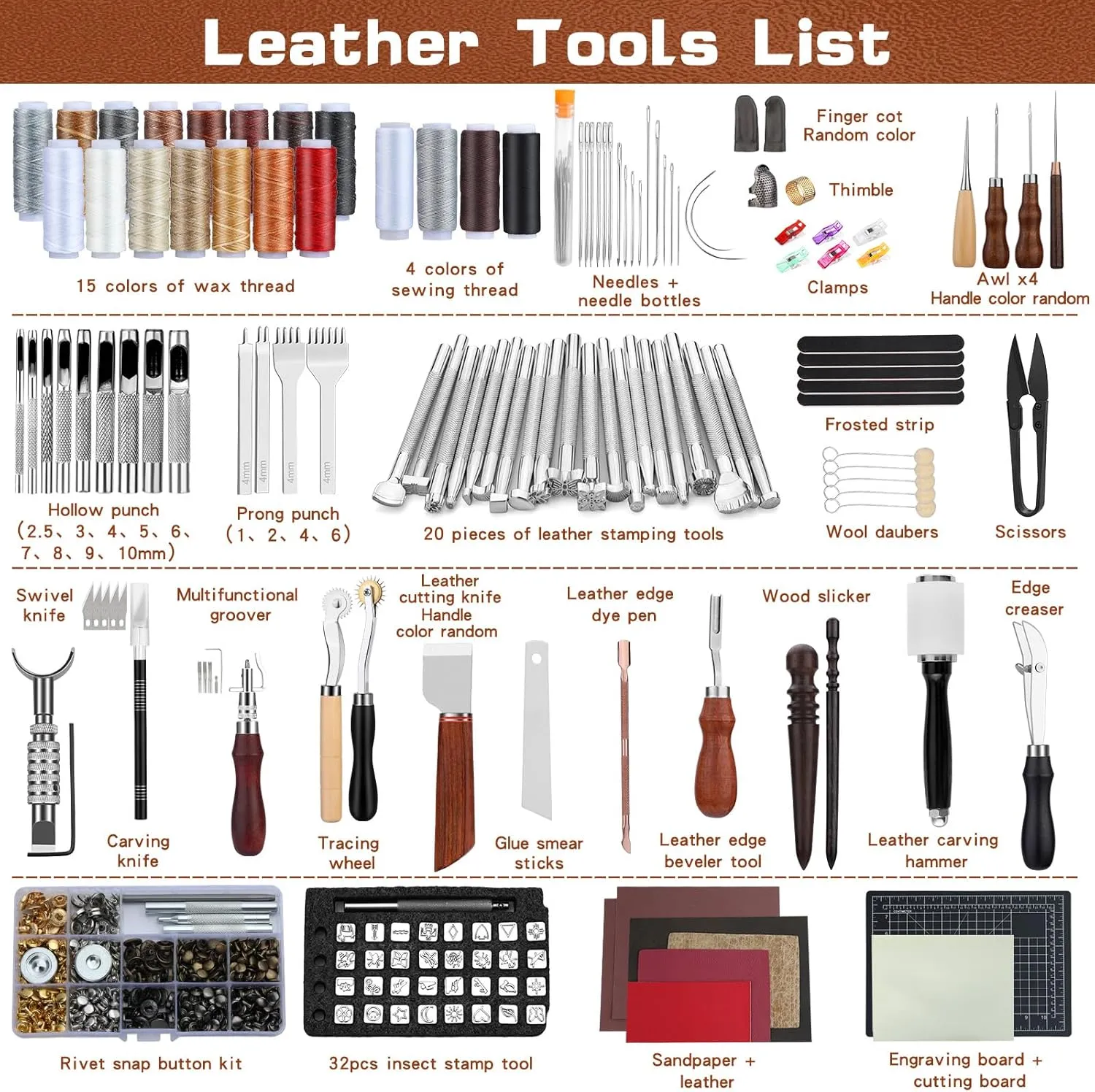 TLKKUE Leather Tooling Kit Leather Craft Tools Leather Working Kit with Custom Handbag Cutting Mats Engraving Punching Sewing Stamping Sanding Tools Leather Tools for Leather Working Professional