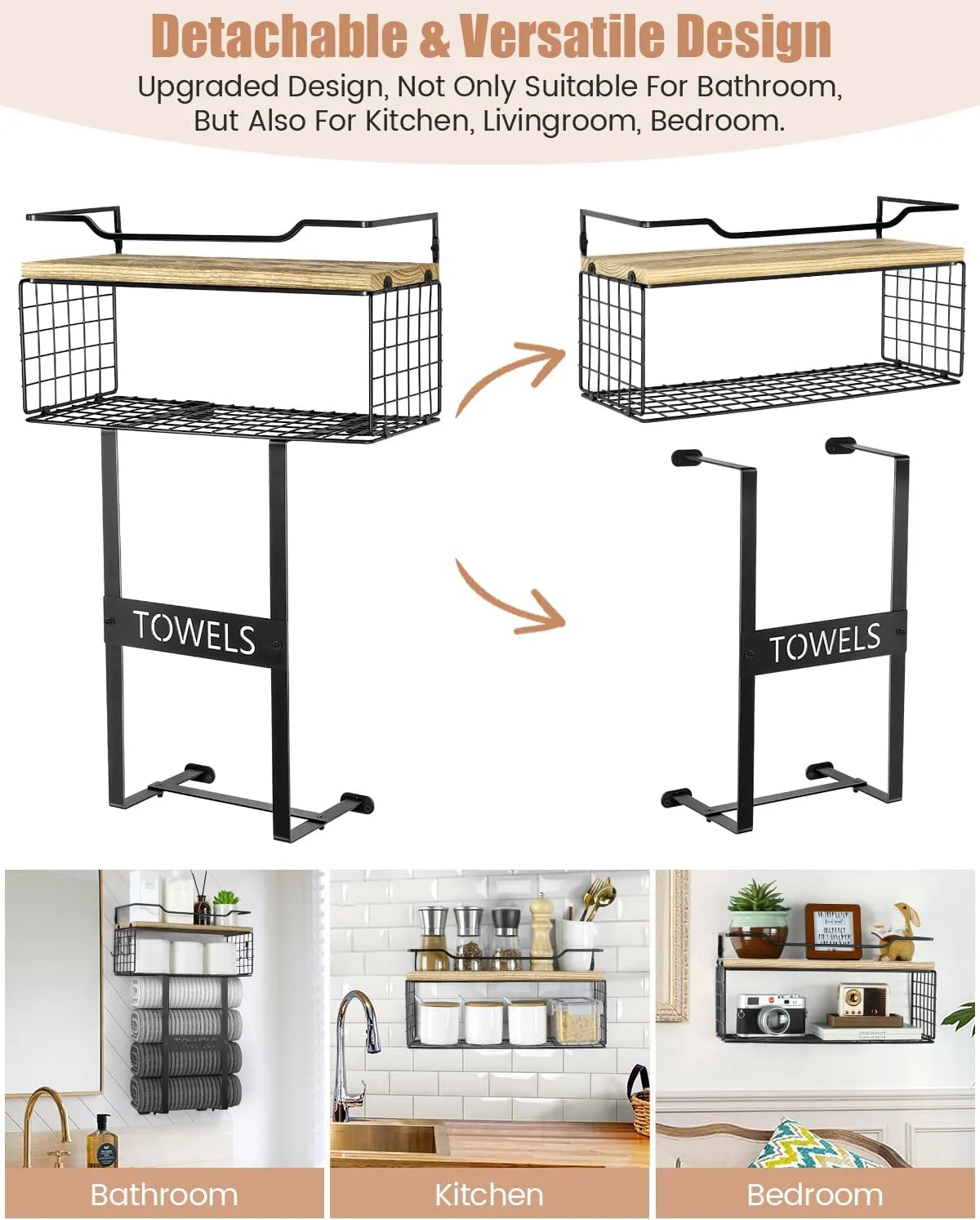 Towel Racks for Bathroom Wall Mounted - Bath Wall Towel Holder Set Above Toilet Storage, Rolled Towel Shelf Organizer for Small Bathroom, Wood Vertical Towel Rack for Bathroom Wall Decor