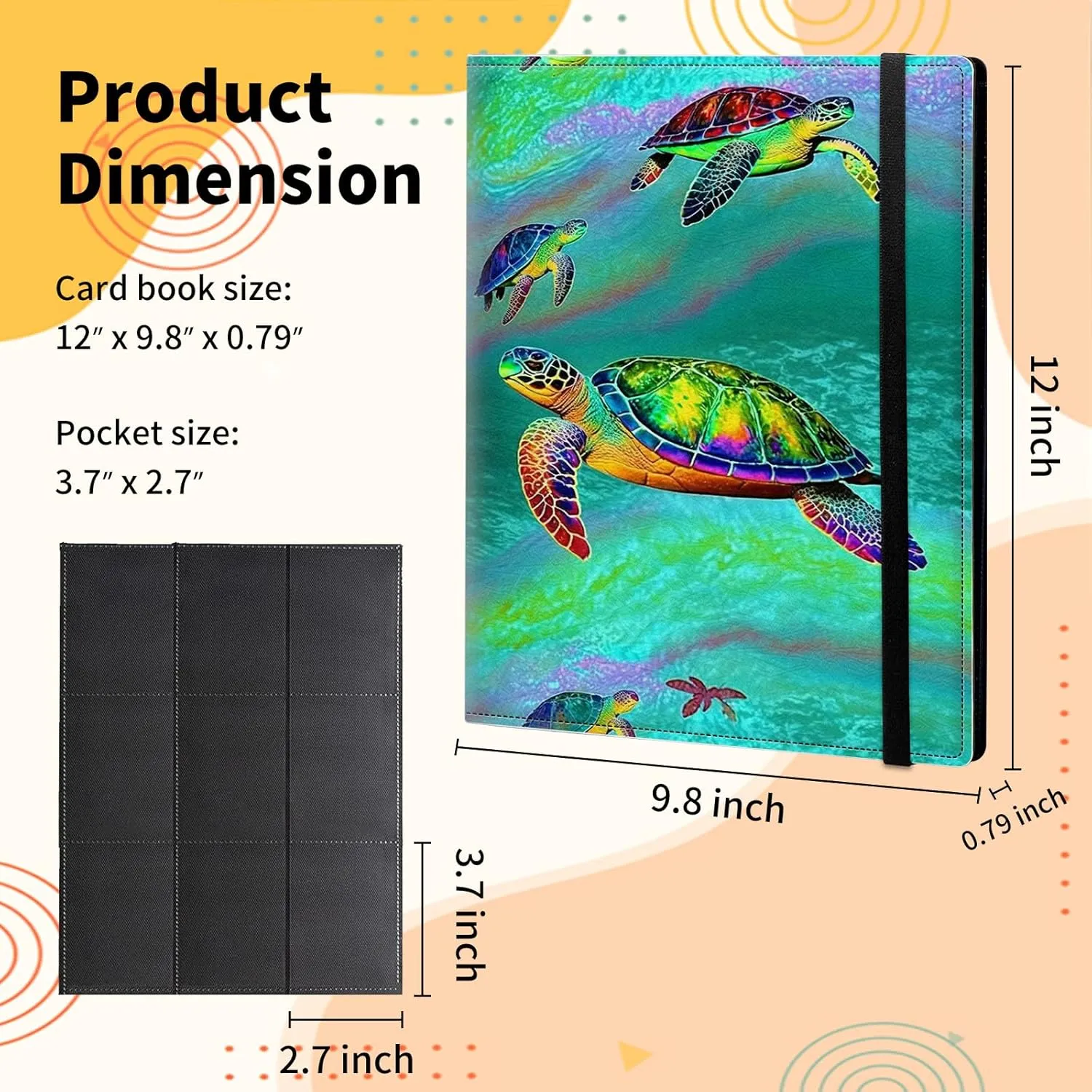 Trading Card Binder 9-pocket Card Holder Binder for Baseball Football Hockey Sport Mtg TCG YUGIOH Card Binder Album 900 Cards Side Load   Elastic Band-Colorful Sea Turtles