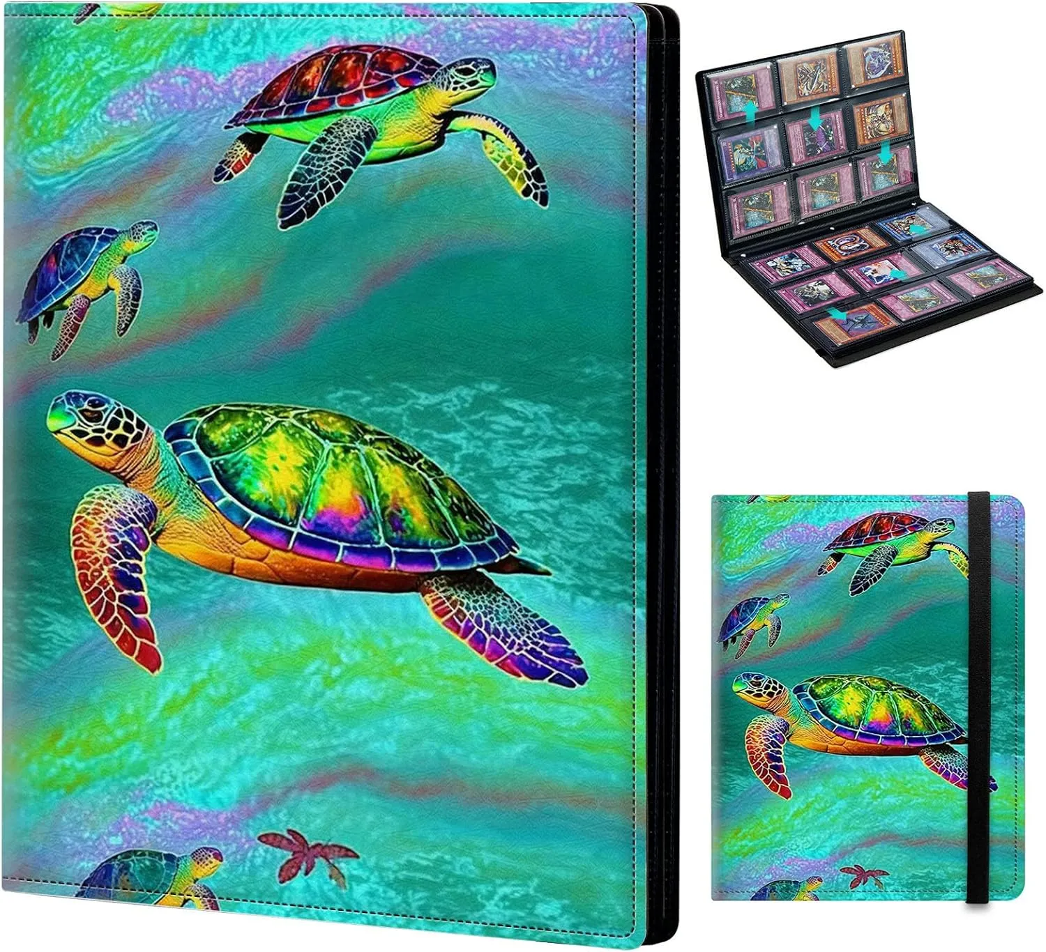 Trading Card Binder 9-pocket Card Holder Binder for Baseball Football Hockey Sport Mtg TCG YUGIOH Card Binder Album 900 Cards Side Load   Elastic Band-Colorful Sea Turtles