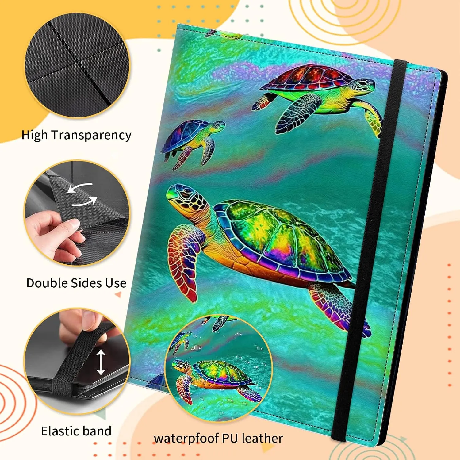 Trading Card Binder 9-pocket Card Holder Binder for Baseball Football Hockey Sport Mtg TCG YUGIOH Card Binder Album 900 Cards Side Load   Elastic Band-Colorful Sea Turtles
