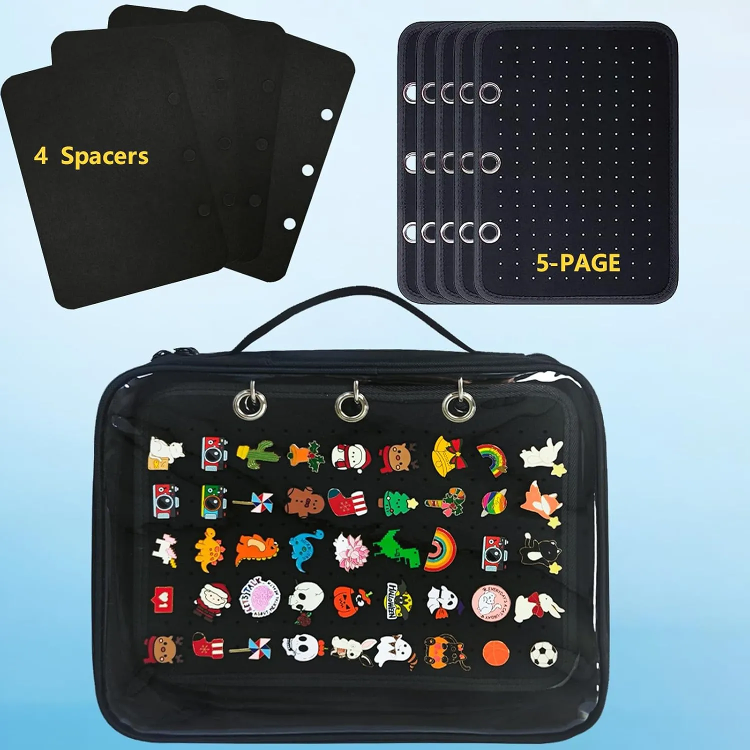 Transparenter Pin Books For Collectors, Enamel Pin Display Pages Pin Carrying Case, Travel Brooch Pins Display Bag(5 Black binder 4 Spacers,Bag Only)