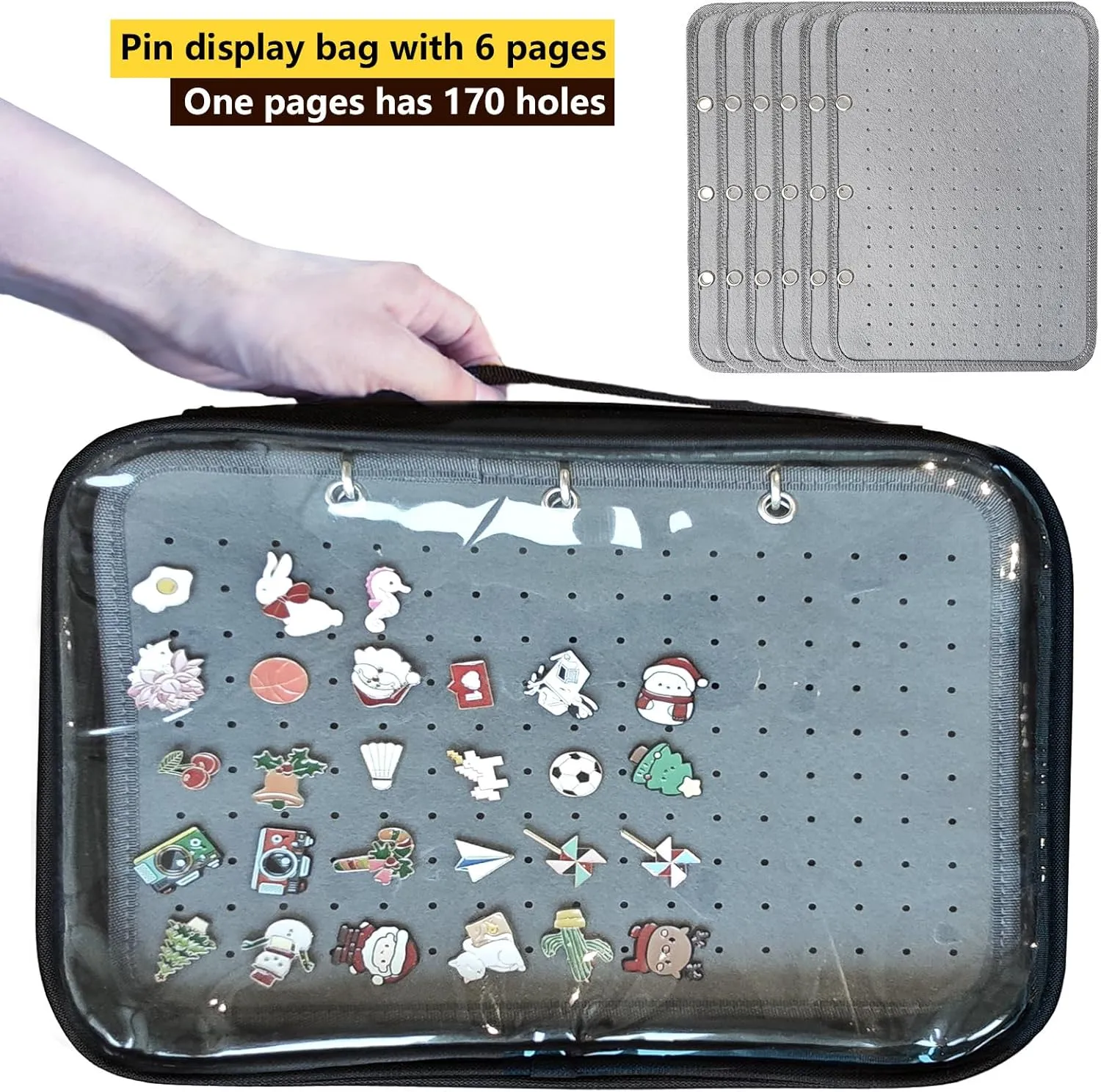 Transparenter Pin Books For Collectors, Enamel Pin Display Pages Pin Carrying Case, Travel Brooch Pins Display Bag(6 Grey binder,Not Include any Accessories)
