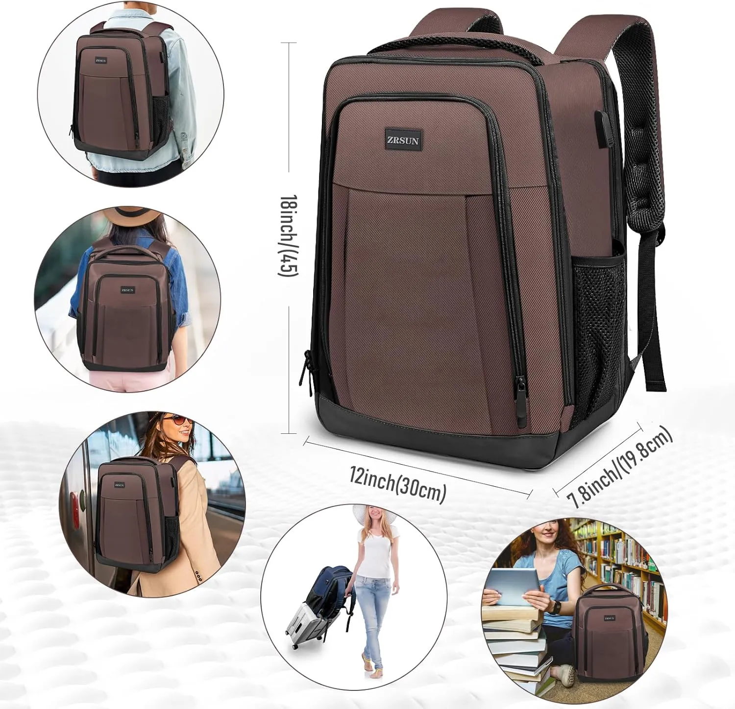 Travel Backpack, Business Anti Theft Slim Sturdy Laptops Backpack with USB Charging Port, Water Resistant College School Laptop Bag for Men & Women Fits 15.6 Inch Notebook (Brown)