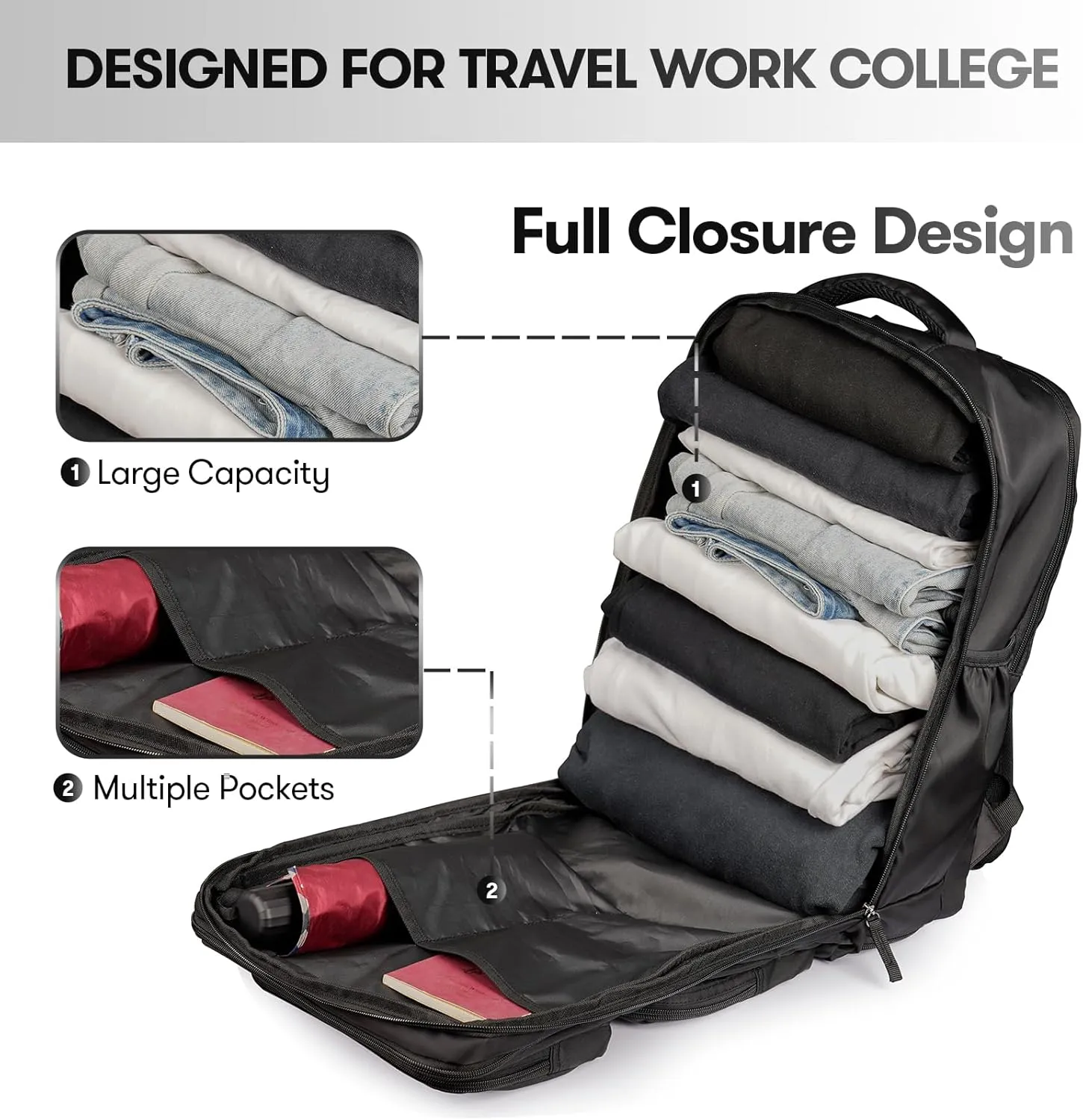 Travel Laptop Backpack, 17 inch Carry on Backpack Flight Approved. Full Closure Design and Separate Shoe Area. 8 Pockets Large Capacity. Black