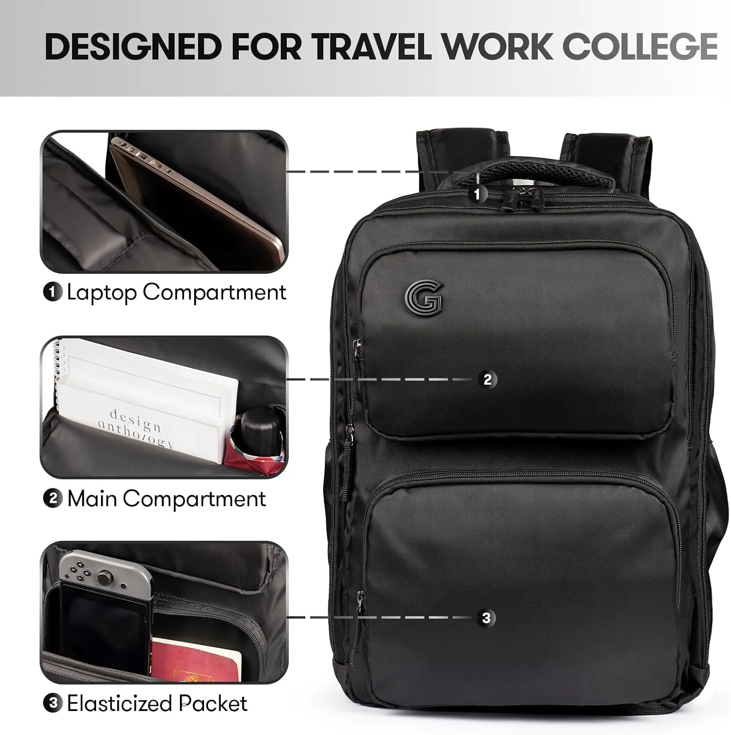 Travel Laptop Backpack, 17 inch Carry on Backpack Flight Approved. Full Closure Design and Separate Shoe Area. 8 Pockets Large Capacity. Black