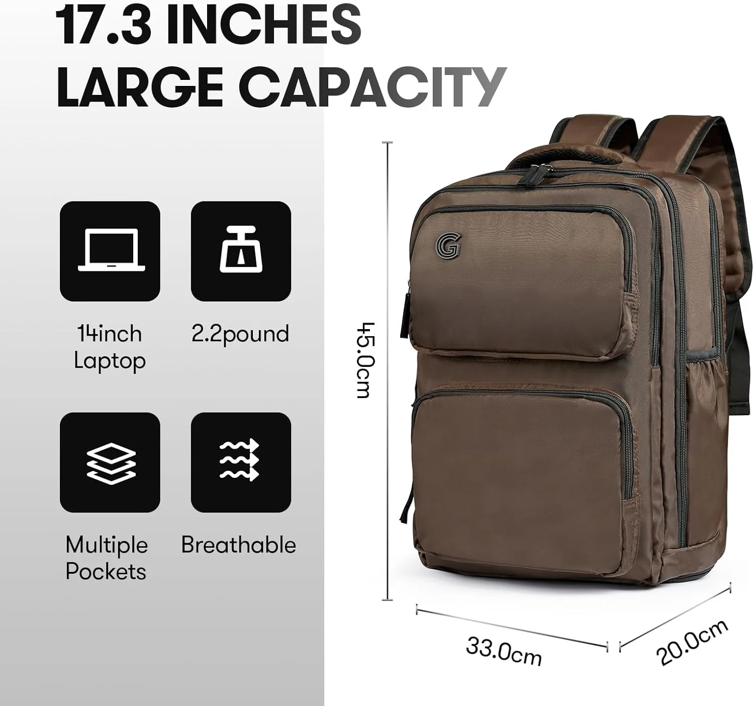 Travel Laptop Backpack, 17 inch Carry on Backpack Flight Approved. Full Closure Design and Separate Shoe Area. 8 Pockets Large Capacity. Khaki