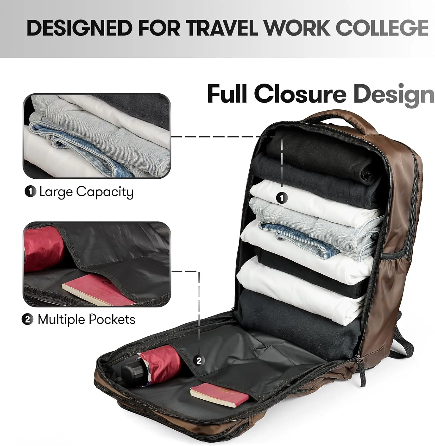 Travel Laptop Backpack, 17 inch Carry on Backpack Flight Approved. Full Closure Design and Separate Shoe Area. 8 Pockets Large Capacity. Khaki