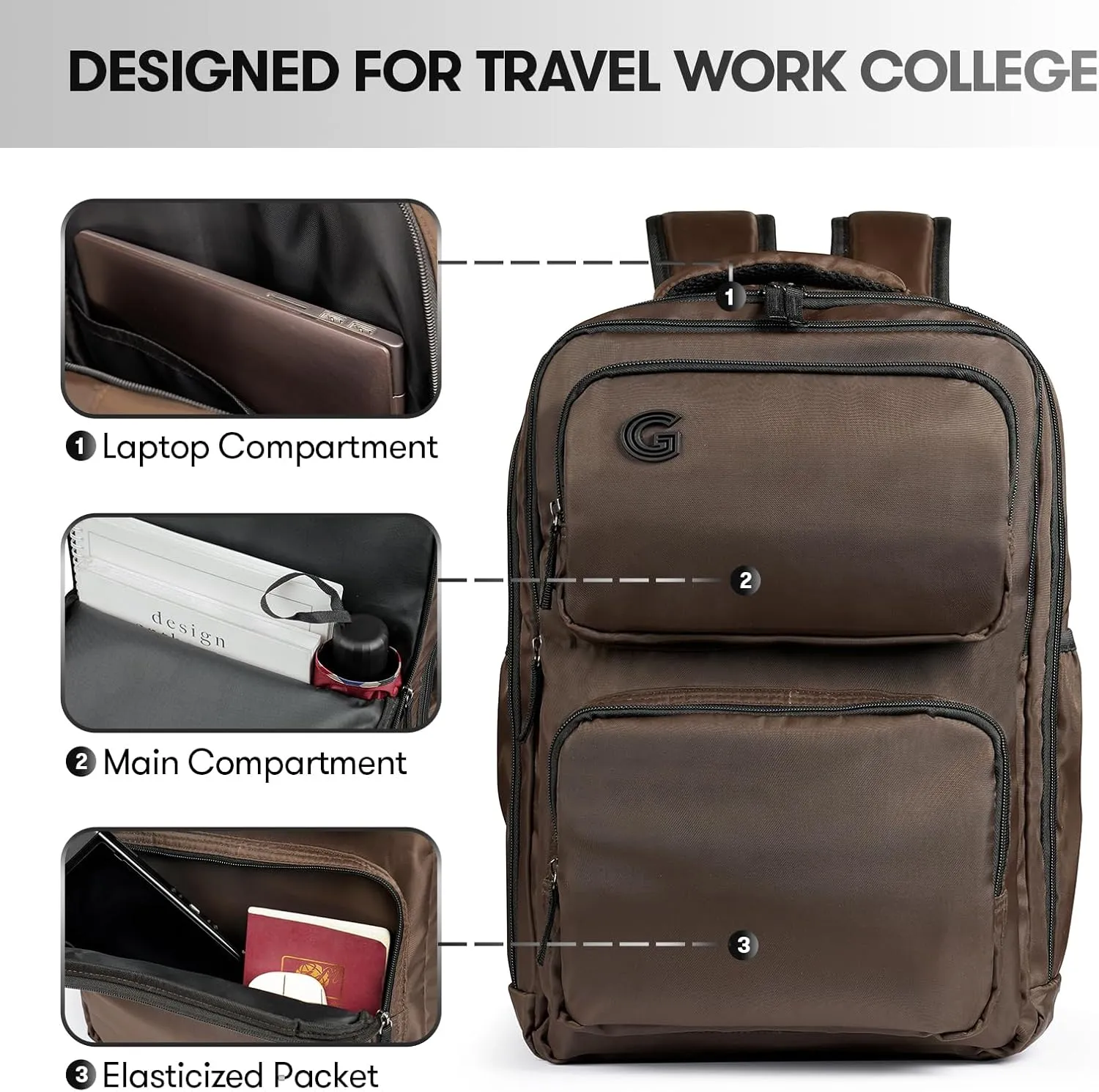 Travel Laptop Backpack, 17 inch Carry on Backpack Flight Approved. Full Closure Design and Separate Shoe Area. 8 Pockets Large Capacity. Khaki