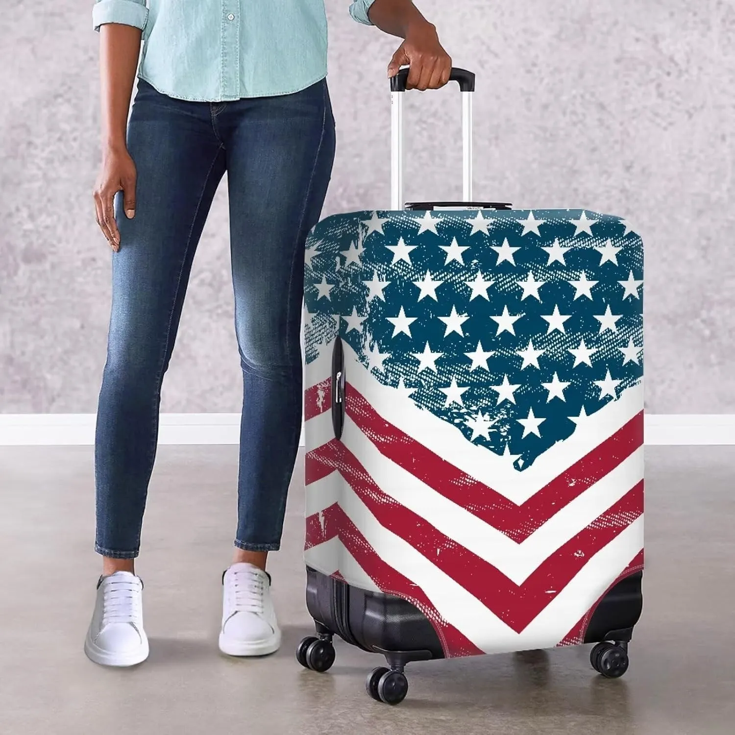 Travel Luggage Cover Suitcase Protector American Flag Print Washable Elastic Anti-Scratch Suitcase Cover Protector Baggage Covers Fits 22-24 Inch Luggage