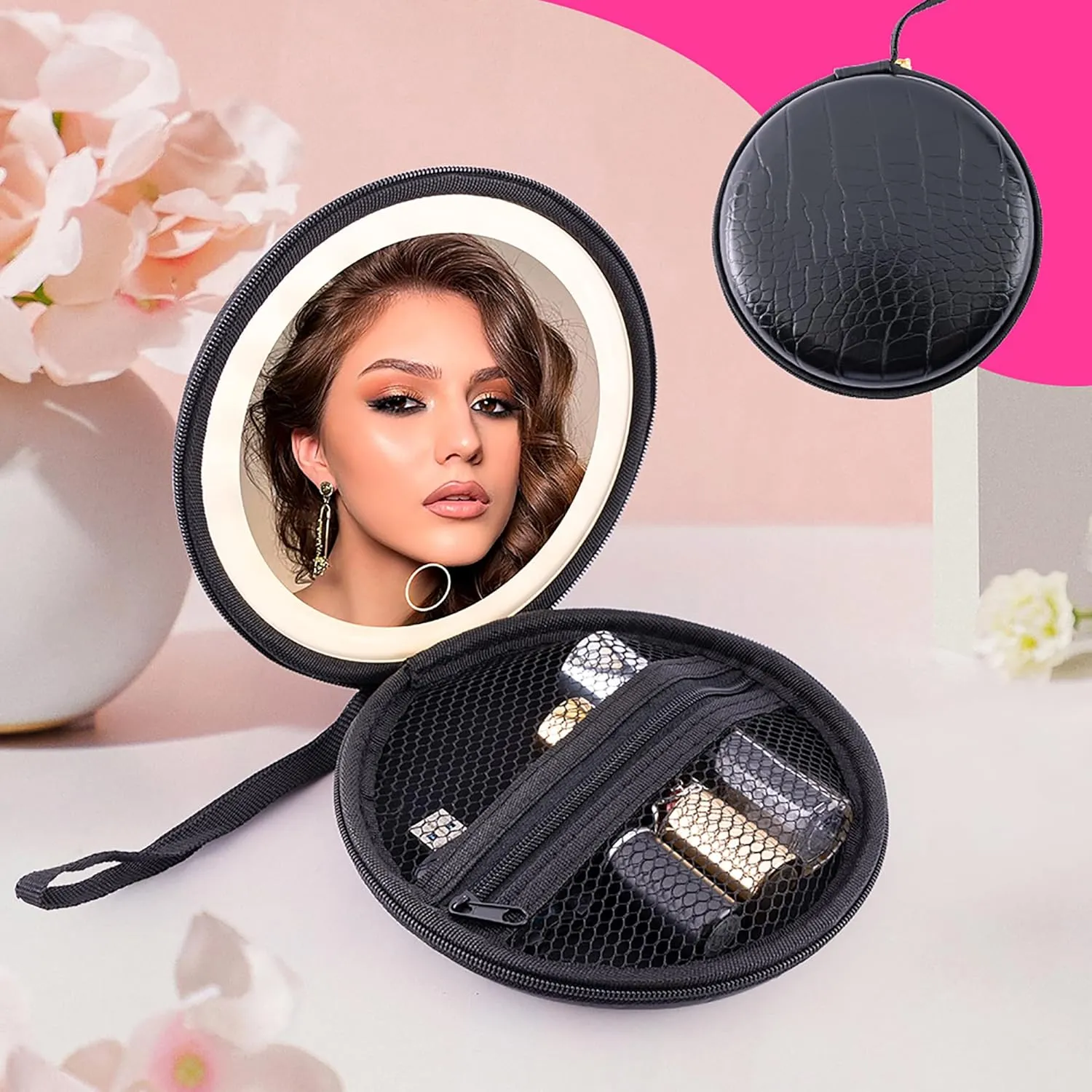 Travel Makeup Mirror with Bag - 5.1 Inch Compact Portable Makeup Mirror, Crocodile Black Design, Lightweight & Durable, Perfect for Travel & Home Use