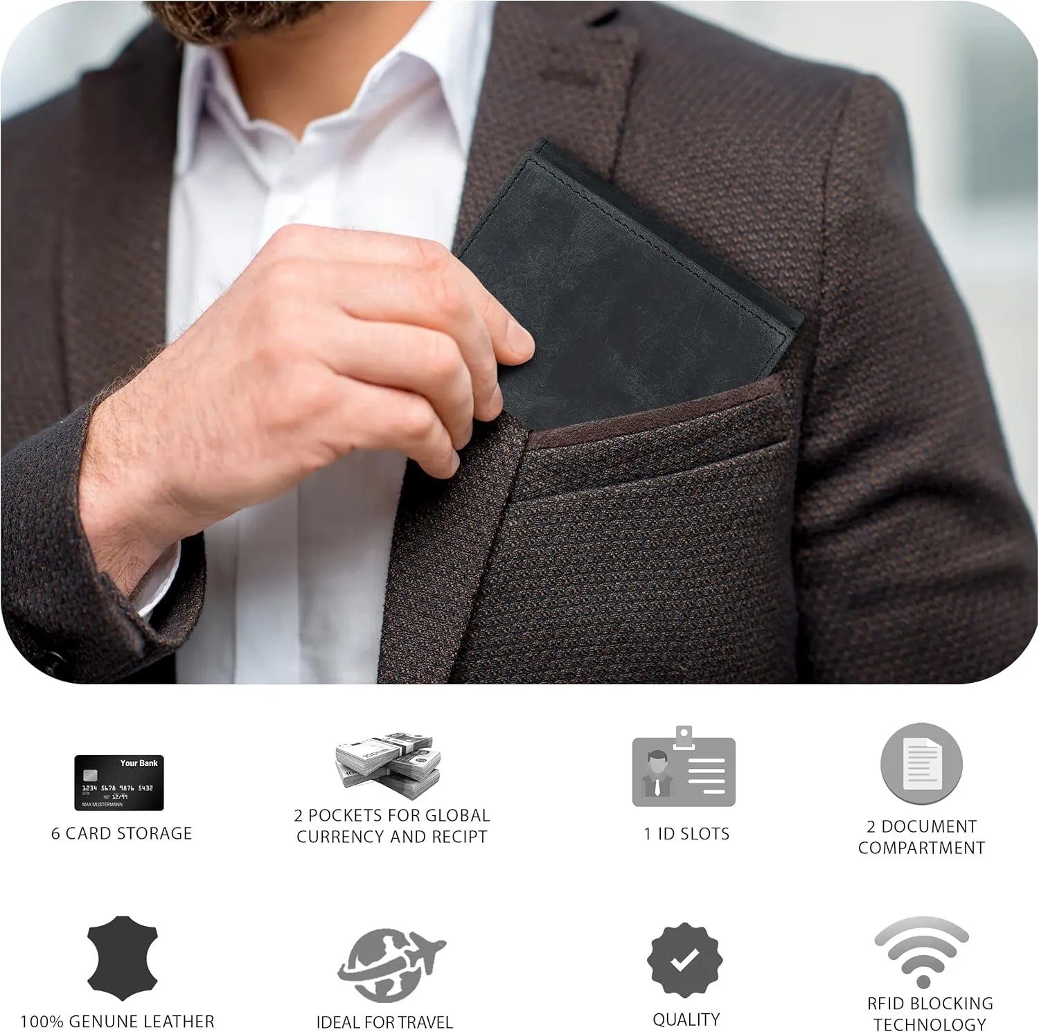 Tri fold Leather Wallet for Men with RFID | Slim Wallets for Men with 1 ID and 6 Credit card slots | Front Pocket Minimalist